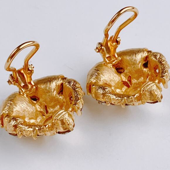 VTG Mid Century Clip On Earrings Gold Tone Rhinestone 1950s Cocktail Jewelry - Picture 10 of 11